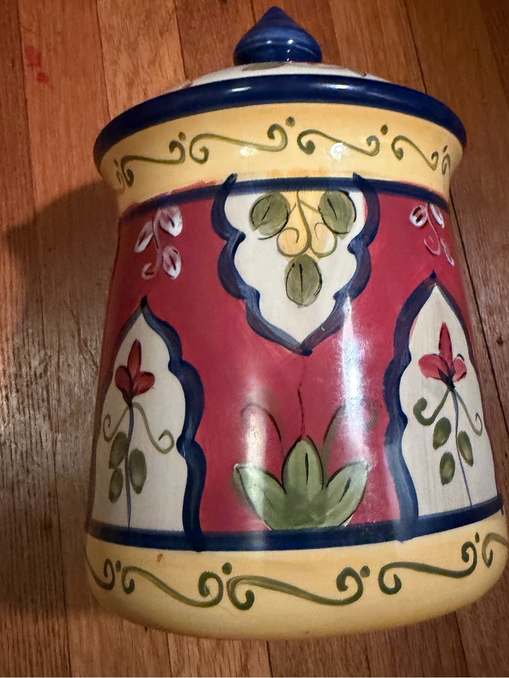 Pier 1 Hand-Painted Floral Ceramic Canister in Red, Yellow and Blue